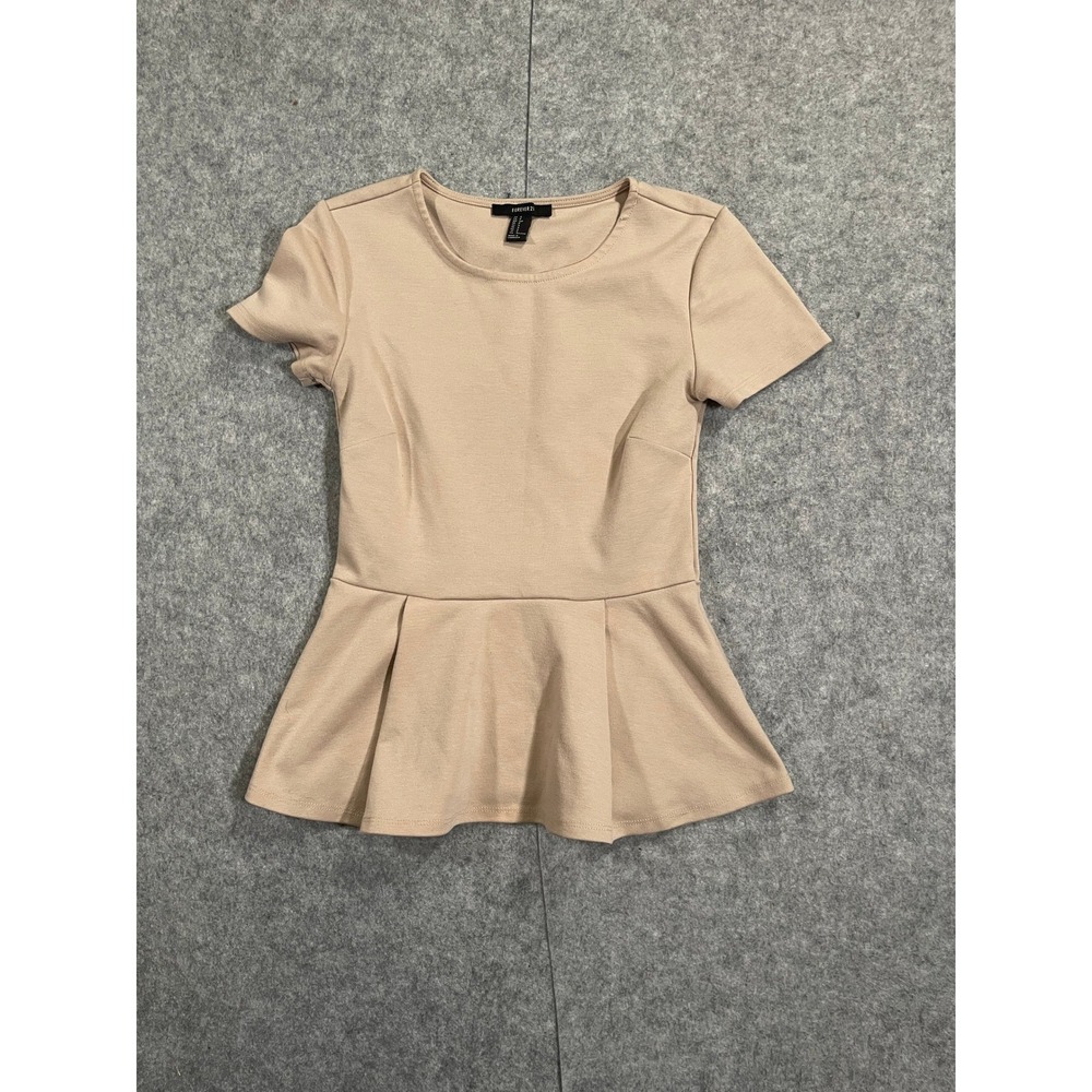 Forever 21 Womens Tan Beige Short Sleeve Pleated Peplum Top Blouse Size S